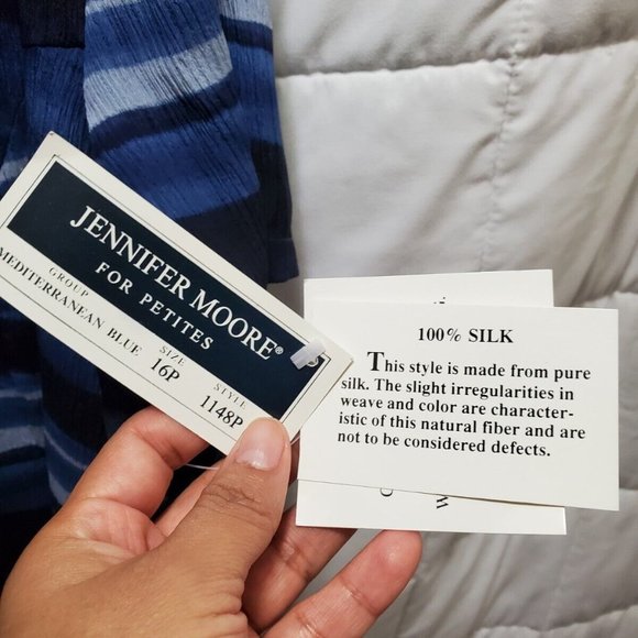 Jennifer Moore 100% Silk Shirt Woman Size 16 Petite  Blue stripes button boho - Picture 3 of 12